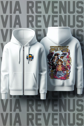 Vordevia One Piece εμπρός και πίσω με στάμπα Unisex με φερμουάρ και κουκούλα λευκή ζακέτα