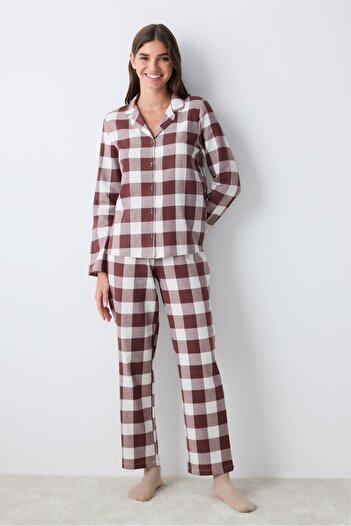 Penti Bavlněné hnědé Gingham Hnědé košilové kalhoty Pyžamový set