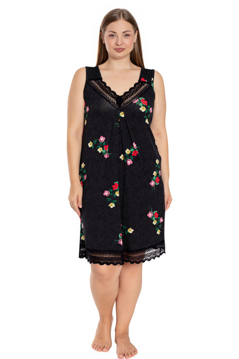 İntensive Women's Polka Dot Flower Print Black Plus Size Lace Suspender Lycra Nightgown