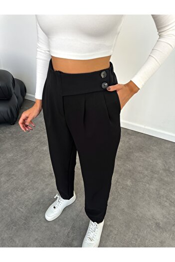 ESRAHELVACI Black Double Buttoned Belt Detail Carrot Trousers