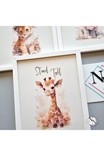 NN DECOR Safari-aslan, Zürafa Ve Fil 3’lü Set- V02- Doğal Ahşap Çerçeveli, Bebek Ve Çocuk Odası Tablo Seti