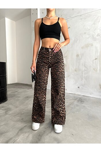 BİKELİFE High Waist and Wide Leg Leopard Print Lycra Palazzo Women's Trousers