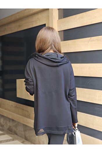 Felix Butik Feli̇x12655 Hem Sleeve Mesh Detailed Stone Printed Hooded Black Sweatshirt