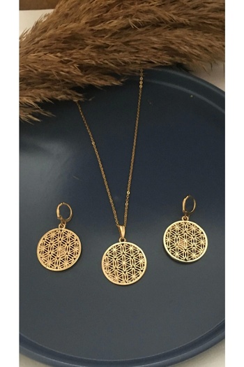 Gizemli Aksesuar Women's Gold Color Flower of Life Necklace Earring Set