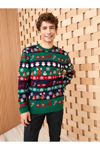 LC Waikiki Langärmliger Herren-Strickpullover mit Rundhalsausschnitt und Neujahrsmotiv