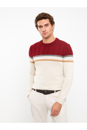 LC Waikiki Langärmliger, farbblockierender Strickpullover für Herren mit Rundhalsausschnitt