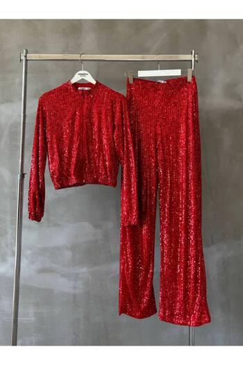 bymaestro woman Women's Red Sequin Sequin Cardigan Trousers Set
