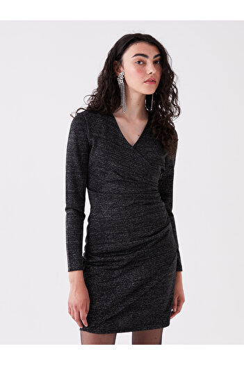 LC Waikiki Zweireihiges, glänzend aussehendes Damenkleid mit Kragen