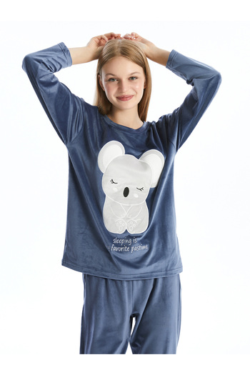 LC Waikiki H12 Crew Neck Embroidered Long Sleeve Velvet Women's Pajamas Set
