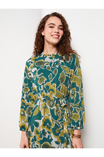 LC Waikiki Ruffled High Collar Patterned Long Sleeve Women's Dress