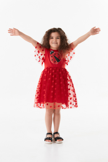 Fulla Moda Girl's Dress - Printed and Tulle Detail