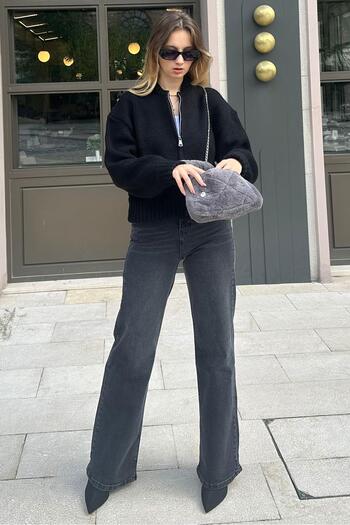 Madmext Siyah Fermuarlı Uzun Kollu Triko Hırka MG2061