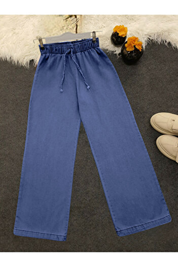 Modamorfo Wide Leg Elastic Waist Lace Detailed Jeans - Dark Blue