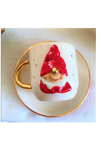 Monako 24 Carat Gold Embroidered New Year's Gnome Handmade Gift Double Turkish Coffee Cup