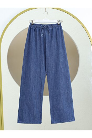Modamorfo Wide Leg Elastic Waist Lace Detailed Jeans - Dark Blue