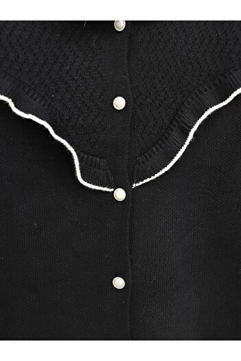 Modamorfo Front Ruffled Pearl Buttoned Knitwear Cardigan - Black