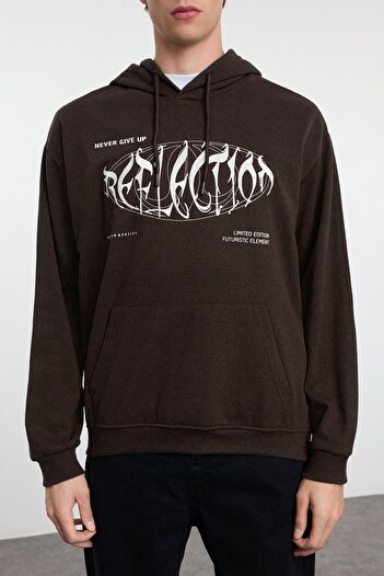 Trendyol Collection Καφέ φούτερ με κουκούλα με κουκούλα με φλις εμπριμέ φούτερ TMNAW25SW00018