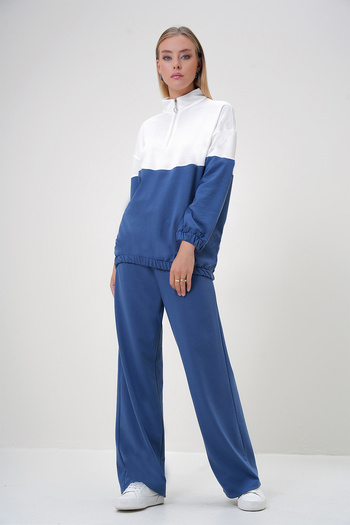 Trend Alaçatı Stili Damen-Set in Indigo mit Stehkragen, Reißverschluss, Farbblockierung, zwei Fäden, unten und oben, ALC-X12887