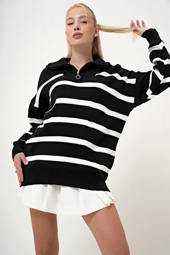 VAGGON Black Zippered Striped Knitwear Sweater - Winter Prm1078