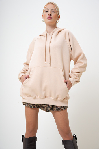 VAGGON Beige Women's Oversize Sweatshirt - Hooded, Kangaroo Pocket, Shirt Prm1052
