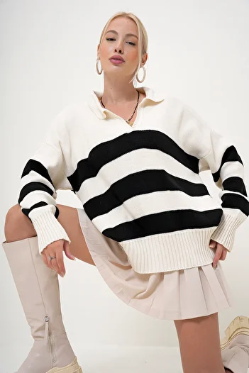 VAGGON Winter Striped Polo Collar Knitwear Sweater - Elastic Waist Prm1079