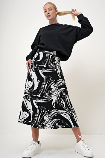 VAGGON Women's Black High Waist Elastic Waist a Form Long Skirt Prm1072