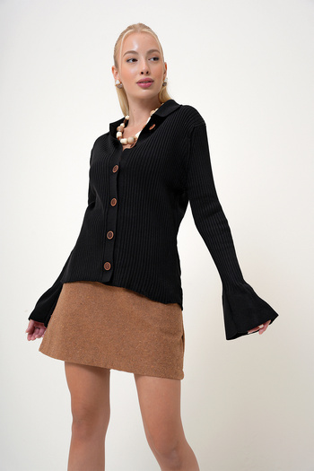 VAGGON Black Polo Neck and Underwire Fitted Sleeve Knitwear Women's Blouse - Prm1069