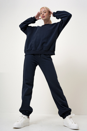VAGGON Navy Blue Women's Tracksuit Set - Crew Neck, Elastic Waist and Leg, Two Thread Prm1047