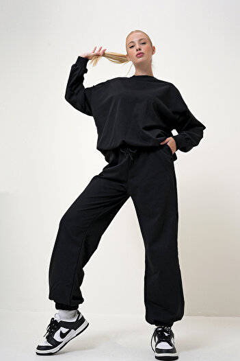 VAGGON Black Elastic Waist and Leg Basic Tracksuit Set - Crew Neck Prm1047