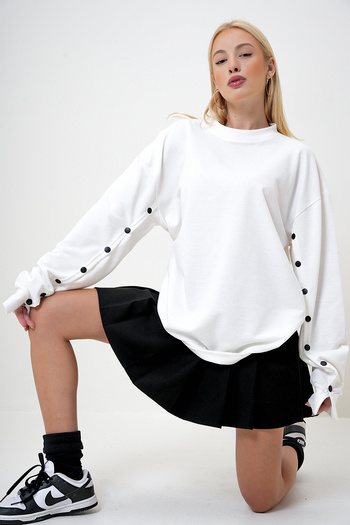 VAGGON Bílá dámská mikina Crew Neck and Snap Sleeve - Prm1095