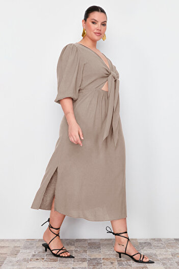 Trendyol Curve Mink A-Line Summer Midi Woven Plus Size Dress Tbbss24Ah00052