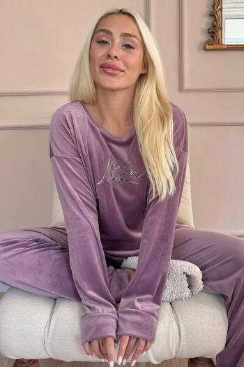 Pijamaevi Lilac Magic Patterned Exclusive Velvet Women's Pajamas Set