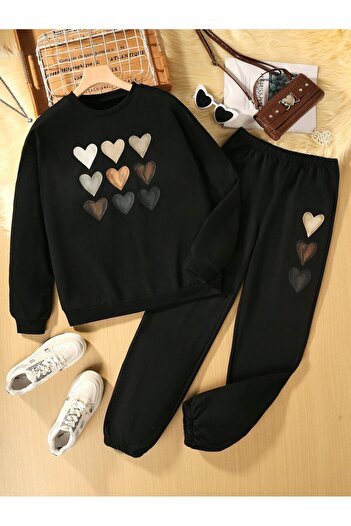 Mythologie Multiple Heart Sweatshirt Sweatpants Jogger - Black Printed Sweatpants Set Crew Neck