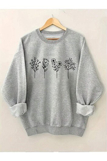 Mythologie Φούτερ 4 Flowers - Γκρι με στάμπα Oversize με λαιμόκοψη