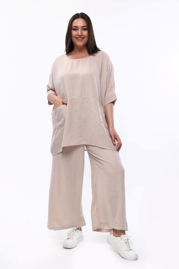 Ebsumu Γυναικεία Plus Size Extra Comfortable Fit Λινό Μπεζ Μπλούζα