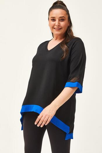 Ebsumu Women's Plus Size Blue-Black Blouse with Tulle Detail on Sleeves and Skirts