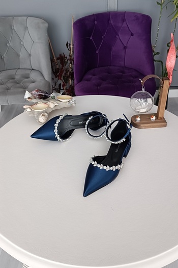 LA CALZATURE Navy Blue Satin Women's Wedding Dress - 2.5 cm Heel, Ankle Belt, Double Waterway Stoned Ballerinas