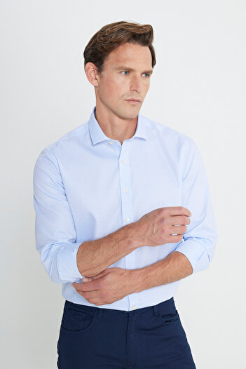 ALTINYILDIZ CLASSICS Men's White-Blue Iron-Free Slim Fit Slim Fit Classic Collar 100% Cotton Patterned Non-Iron Shirt