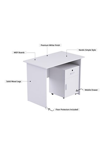 Mahmayi MP1 100x60 Writing Table with Mobile Drawer - Modern Office Desk for Home and Office (White)