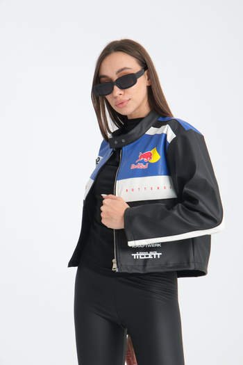 Black Level Women's Oversize Leather Coat - Printed, Stripe, Zip-Up, Garnished Bomber Racer Jacket