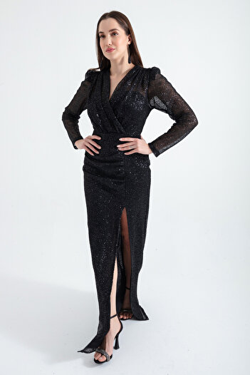 Lafaba Women's Black V-Neck Slit Long Evening Dress