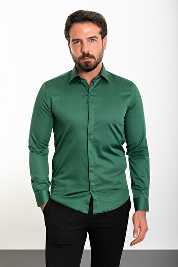 Mcr Cămașă clasică pentru bărbați, cu guler polycort, slim fit, verde smarald - 37445.21K
