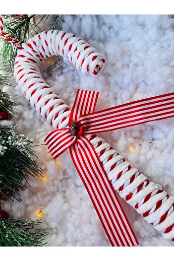 Derin Düşler Christmas Pine Tree Ornament Candy Cane Knitted White Red Large Size Candy Cane Candy Tree Ornament 35 cm