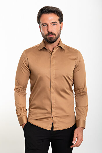 Mcr Cămașă clasică pentru bărbați, cu guler polycort, slim fit, culoare camel - 37445.21K