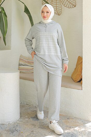 Armine Ari̇ne Trend - Gray Hooded Trousers Double Suit 24Kt619