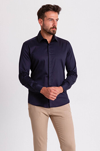 Mcr Cămașă clasică pentru bărbați, uni, culoare bleumarin, slim fit, guler poliester