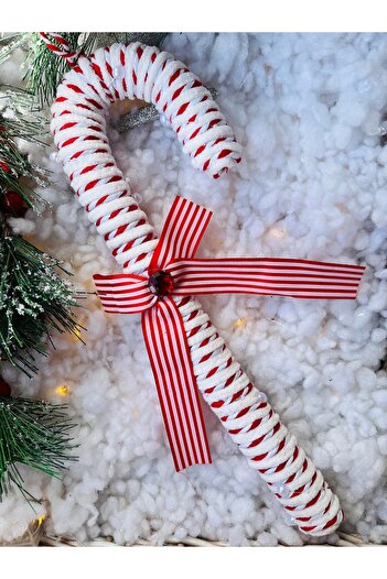 Derin Düşler Christmas Pine Tree Ornament Candy Cane Knitted White Red Large Size Candy Cane Candy Tree Ornament 35 cm