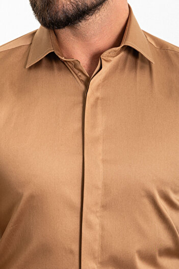 Mcr Cămașă clasică pentru bărbați, cu guler polycort, slim fit, culoare camel - 37445.21K
