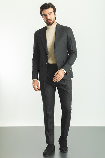 Mcr Straight Anthracite Color Pleated Trousers Slim Fit Men's Suit