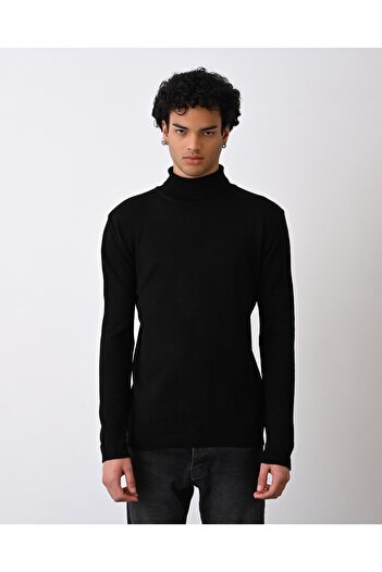 İLKCET MODA Men's Black High Neck Fisherman Knit Sweater